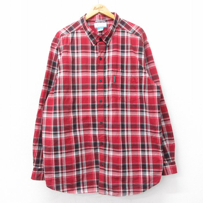 XL★古着 コロンビア COLUMBIA 長袖 ブランド シャツ メンズ 大きいサイズ ロング丈 コットン ボタンダウン 赤他 レッド チェック 25apr09 中古 トップス