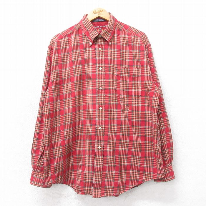【50%OFF】XL★古着 トミーヒルフィガー TOMMY HILFIGER 長袖 ブランド シャツ メンズ 90年代 90s ワンポイントロゴ コットン ボタンダウン 赤他 レッド チェック 25apr09 中古 トップス