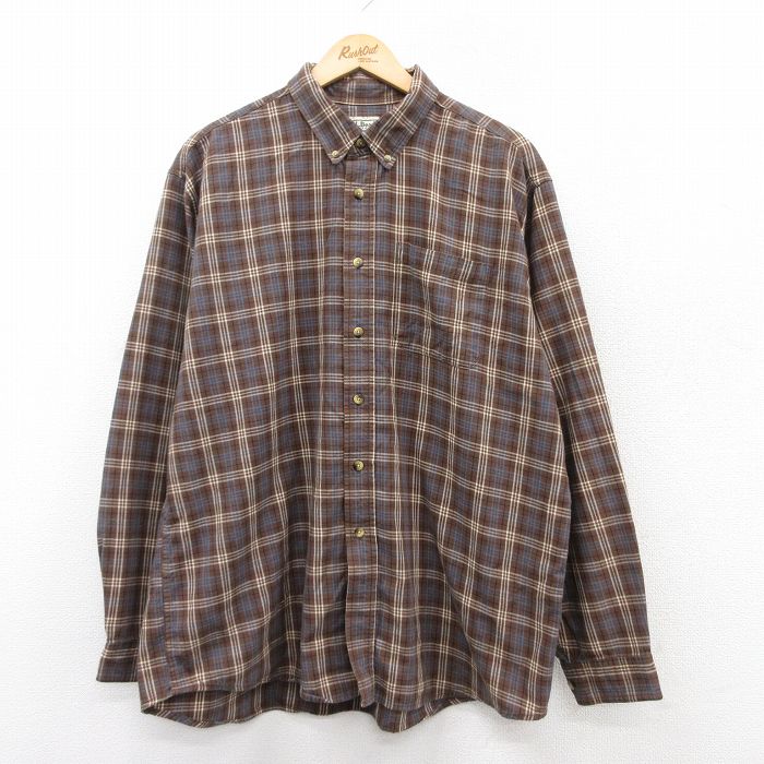 XL★古着 エルエルビーン LLBEAN 長袖 ブランド シャツ メンズ 00年代 00s 大きいサイズ ロング丈 コットン ボタンダウン 茶他 ブラウン チェック 25apr09 中古 トップス