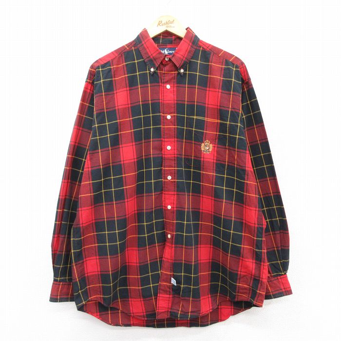 【20%OFF】XL★古着 ラルフローレン Ralph Lauren 長袖 ブランド シャツ メンズ 90年代 90s ワンポイントロゴ 大きいサイズ ロング丈 コットン ボタンダウン 赤他 レッド チェック 【spe】 25apr09 中古 トップス