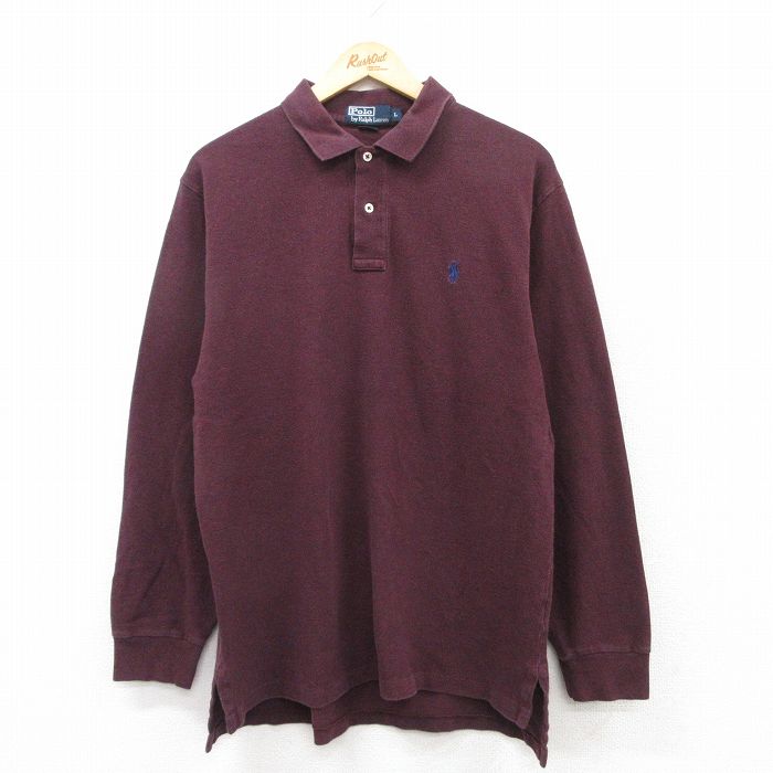 L★古着 ラルフローレン Ralph Lauren 長袖 ブランド ポロ シャツ メンズ 90年代 90s ワンポイントロゴ 鹿の子 コットン 紫系 パープル 25apr09 中古 トップス