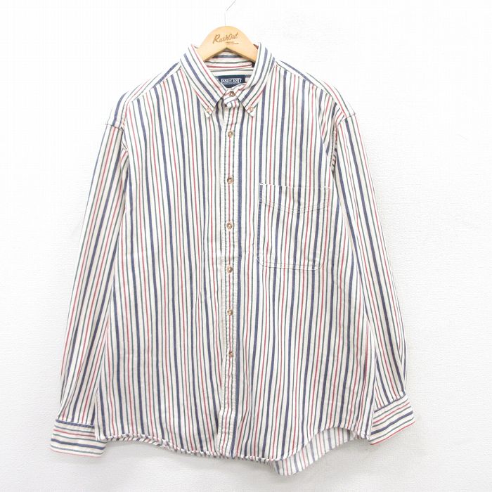 XL★古着 ランズエンド 長袖 ブランド シャツ メンズ 90年代 90s ロング丈 コットン ボタンダウン USA製 白他 ホワイト ストライプ 【spe】 25apr09 中古 トップス