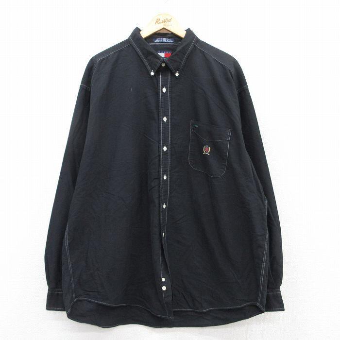 【50%OFF】XL★古着 トミーヒルフィガー TOMMY HILFIGER 長袖 ブランド シャツ メンズ 90年代 90s ワンポイントロゴ オックスフォード 大きいサイズ ロング丈 コットン ボタンダウン 黒 ブラック 【spe】 25apr10 中古 トップス