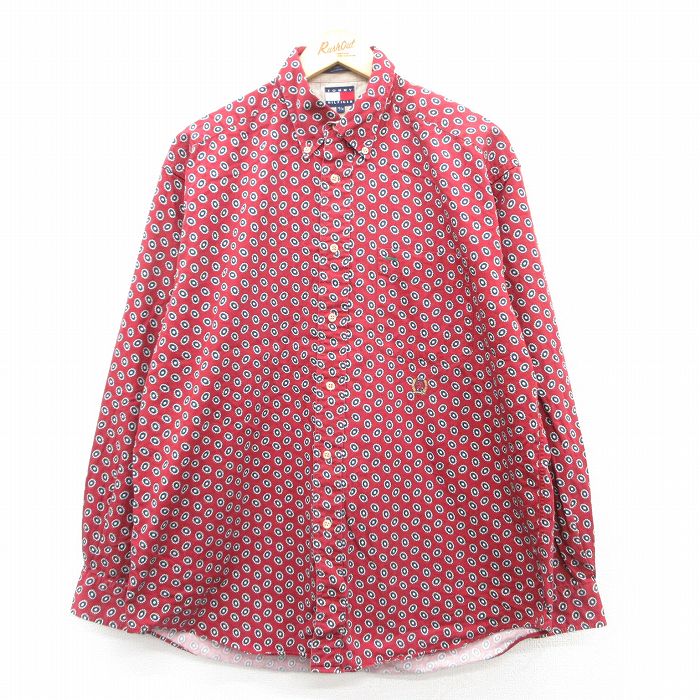 XL★古着 トミーヒルフィガー TOMMY HILFIGER 長袖 ブランド シャツ メンズ 90年代 90s ワンポイントロゴ コットン ボタンダウン 赤他 レッド 25apr10 中古 トップス