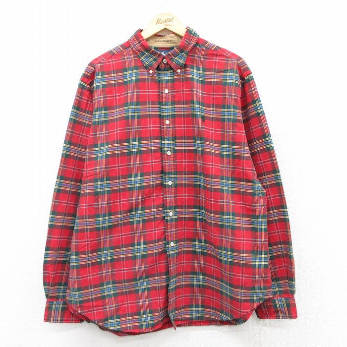 XL★古着 ラルフローレン Ralph Lauren 長袖 ブランド シャツ メンズ 90年代 90s ワンポイントロゴ 大きいサイズ ロング丈 コットン ボタンダウン 赤他 レッド タータン チェック 25apr10 中古 トップス