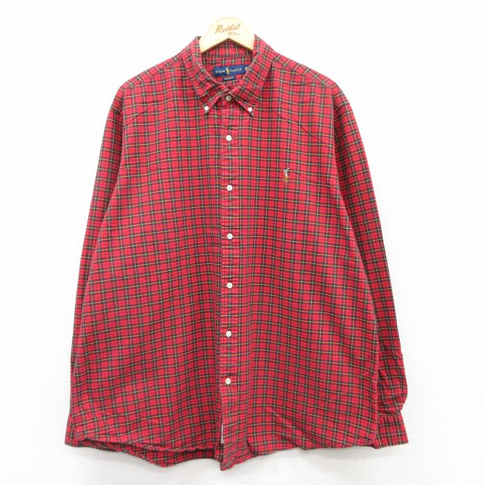 【20%OFF】XL★古着 ラルフローレン Ralph Lauren 長袖 ブランド シャツ メンズ ワンポイントロゴ 大きいサイズ ロング丈 コットン ボタンダウン 赤他 レッド チェック 25apr10 中古 トップス