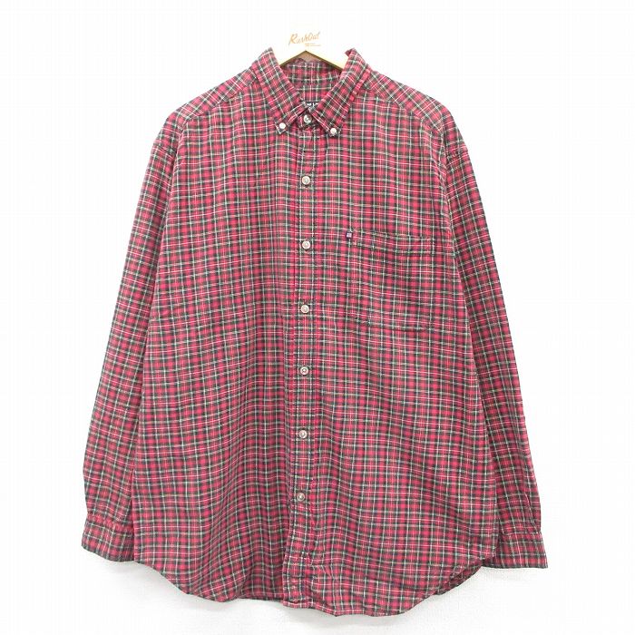 XL★古着 ラルフローレン Ralph Lauren ポロジーンズ 長袖 ブランド シャツ メンズ 00年代 00s 大きいサイズ ロング丈 コットン ボタンダウン 赤他 レッド チェック 25apr10 中古 トップス