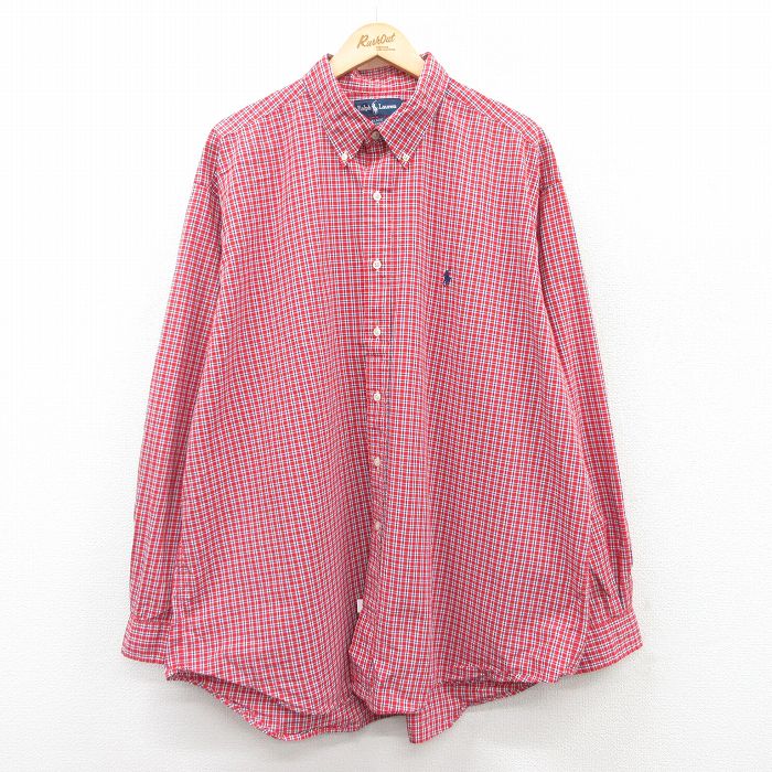 XL★古着 ラルフローレン Ralph Lauren 長袖 ブランド シャツ メンズ 90年代 90s ワンポイントロゴ BLAKE 大きいサイズ ロング丈 コットン ボタンダウン 赤他 レッド チェック 【spe】 25apr10 中古 トップス