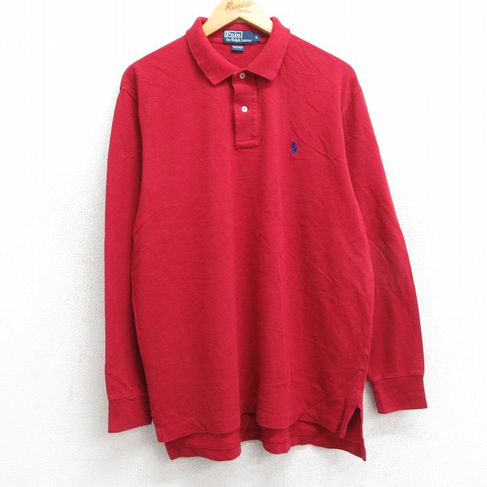 L★古着 ラルフローレン Ralph Lauren 長袖 ブランド ポロ シャツ メンズ 90年代 90s ワンポイントロゴ コットン 鹿の子 赤 レッド 25apr11 中古 トップス