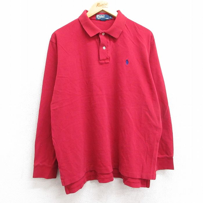 【50%OFF】L★古着 ラルフローレン Ralph Lauren 長袖 ブランド ポロ シャツ メンズ 90年代 90s ワンポイントロゴ コットン 鹿の子 赤 レッド 25apr11 中古 トップス