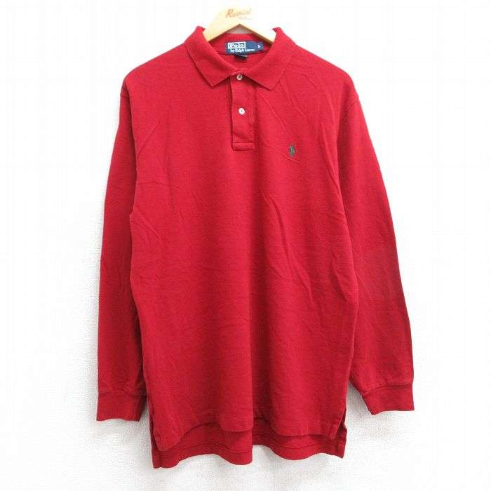 【50%OFF】L★古着 ラルフローレン Ralph Lauren 長袖 ブランド ポロ シャツ メンズ 90年代 90s ワンポイントロゴ 鹿の子 コットン 赤 レッド 25apr11 中古 トップス