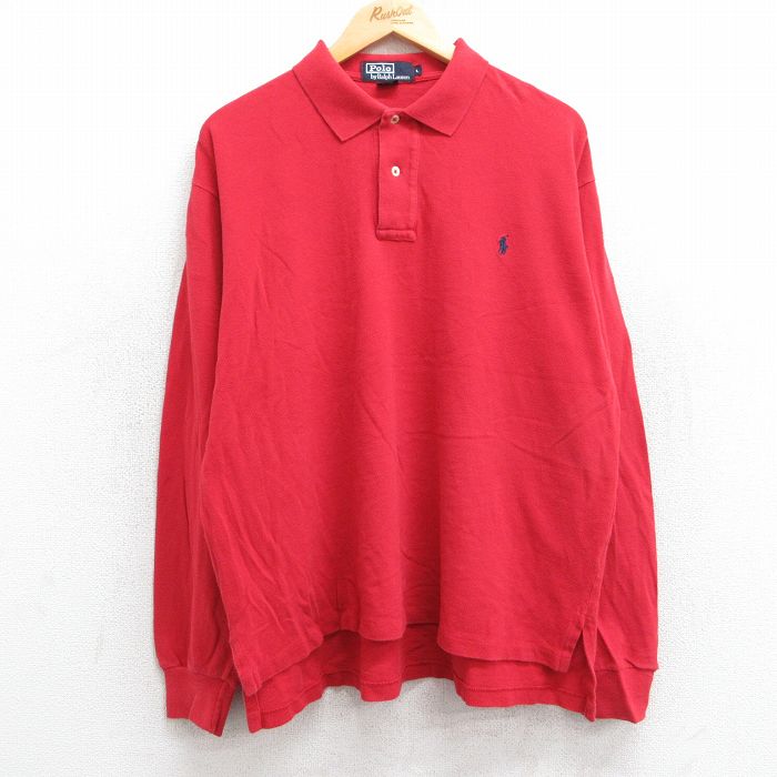 XL★古着 ラルフローレン Ralph Lauren 長袖 ブランド ポロ シャツ メンズ 90年代 90s ワンポイントロゴ 鹿の子 コットン 赤 レッド 25apr11 中古 トップス