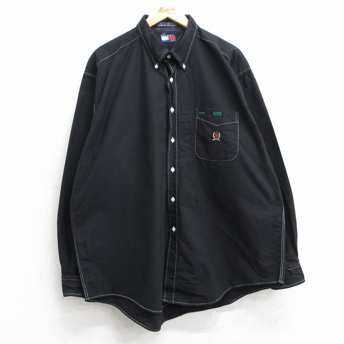 XL★古着 トミーヒルフィガー TOMMY HILFIGER 長袖 ブランド シャツ メンズ 90年代 90s ワンポイントロゴ 大きいサイズ コットン ボタンダウン 黒 ブラック 25apr17 中古 トップス