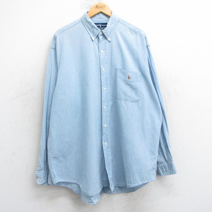 XL★古着 ラルフローレン Ralph Lauren 長袖 ブランド シャツ メンズ 90年代 90s ワンポイントロゴ BIG SHIRT 大きいサイズ コットン ボタンダウン 薄紺 ネイビー 【spe】 25apr17 中古 トップス