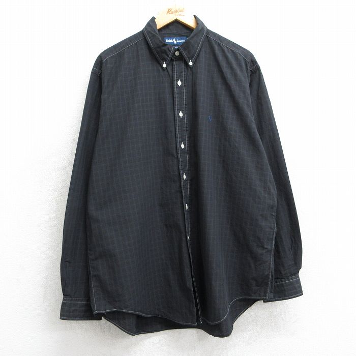 XL★古着 ラルフローレン Ralph Lauren 長袖 ブランド シャツ メンズ 90年代 90s ワンポイントロゴ YARMOUTH 大きいサイズ ロング丈 コットン ボタンダウン 黒他 ブラック チェック 25apr17 中古 トップス