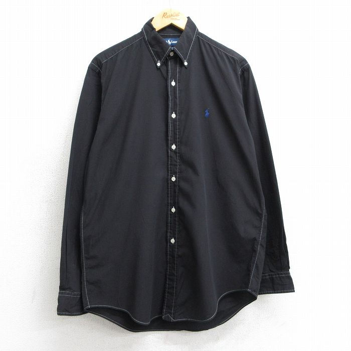 XL★古着 ラルフローレン Ralph Lauren 長袖 ブランド シャツ メンズ 90年代 90s ワンポイントロゴ YARMOUTH コットン ボタンダウン 黒 ブラック 25apr17 中古 トップス