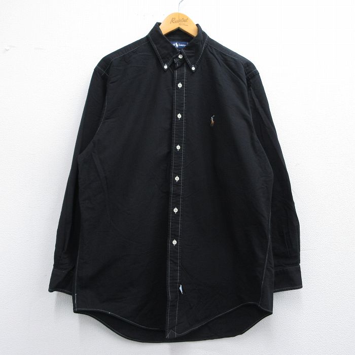 XL★古着 ラルフローレン Ralph Lauren 長袖 ブランド シャツ メンズ 90年代 90s ワンポイントロゴ YARMOUTH オックスフォード コットン ボタンダウン 黒 ブラック 25apr18 中古 トップス