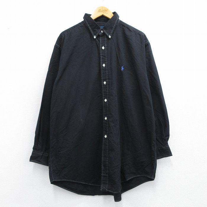 XL★古着 ラルフローレン Ralph Lauren 長袖 ブランド シャツ メンズ 90年代 90s ワンポイントロゴ YARMOUTH ヘリンボーン 大きいサイズ コットン ボタンダウン 黒 ブラック 25apr18 中古 トップス
