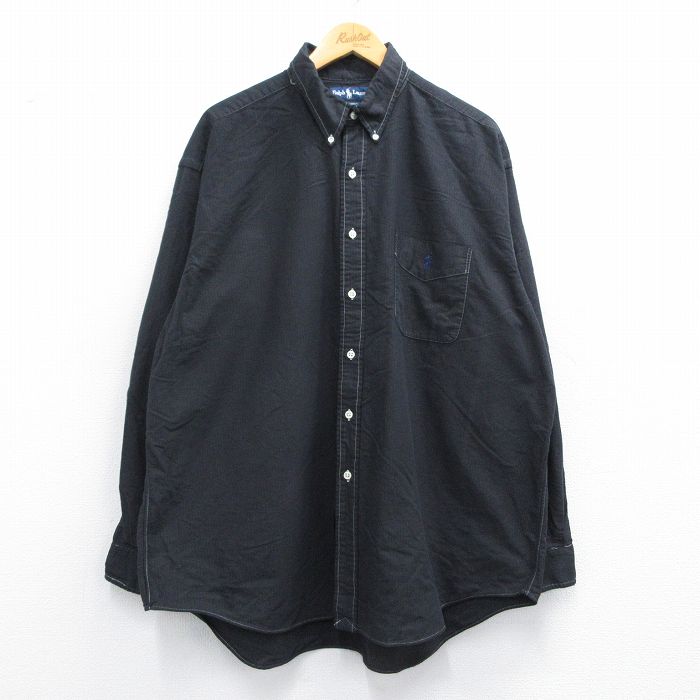 XL★古着 ラルフローレン Ralph Lauren 長袖 ブランド シャツ メンズ 90年代 90s ワンポイントロゴ BIG SHIRT オックスフォード 大きいサイズ コットン ボタンダウン 黒 ブラック ストライプ 【spe】 25apr18 中古 トップス