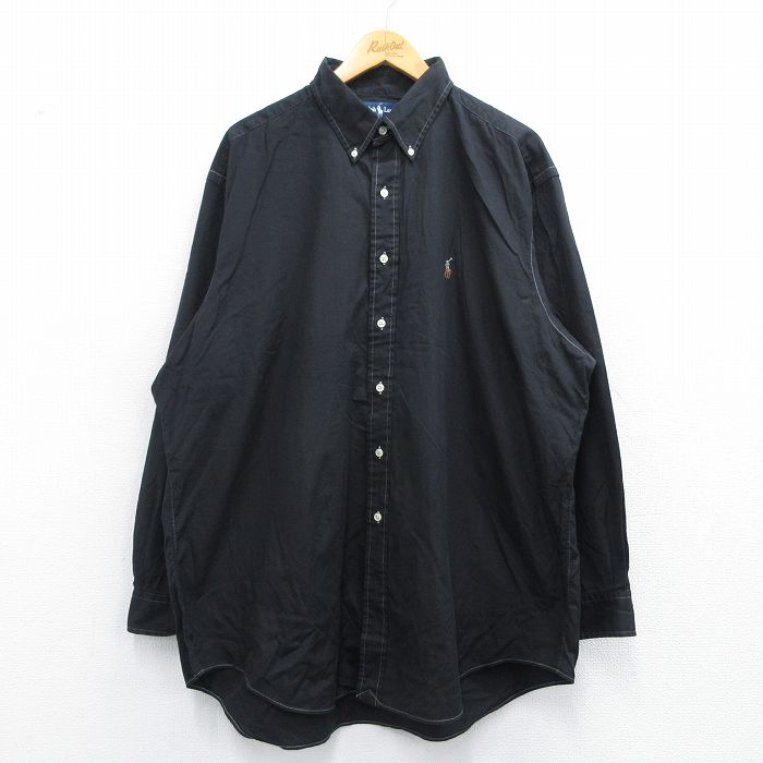 XL★古着 ラルフローレン Ralph Lauren 長袖 ブランド シャツ メンズ 90年代 90s ワンポイントロゴ YARMOUTH オックスフォード 大きいサイズ ロング丈 コットン ボタンダウン 黒 ブラック 25apr18 中古 トップス