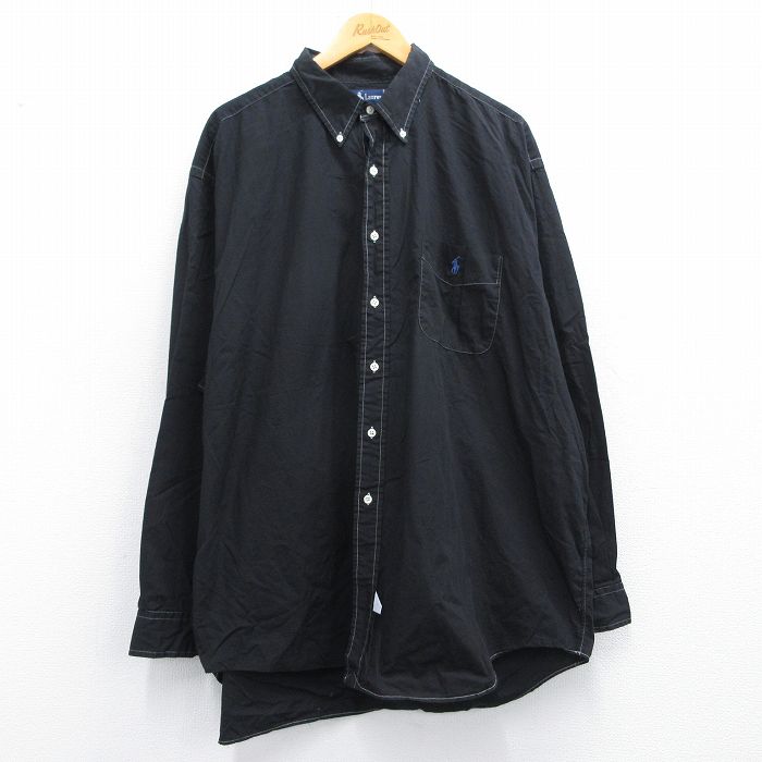 【50%OFF】XL★古着 ラルフローレン Ralph Lauren 長袖 ブランド シャツ メンズ 90年代 90s ワンポイントロゴ BIG SHIRT 大きいサイズ ロング丈 コットン ボタンダウン 黒他 ブラック ストライプ 【spe】 25apr18 中古 トップス