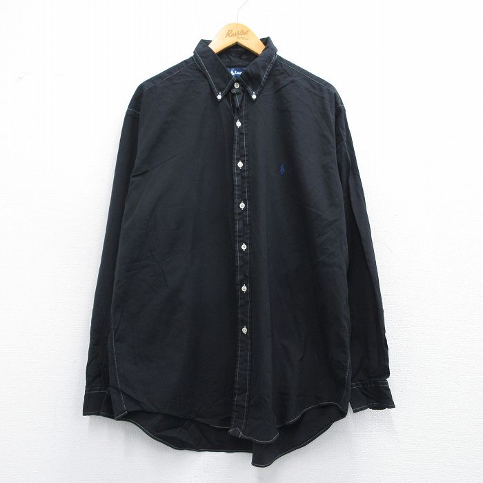 【50%OFF】XL★古着 ラルフローレン Ralph Lauren 長袖 ブランド シャツ メンズ 90年代 90s ワンポイントロゴ YARMOUTH オックスフォード 大きいサイズ コットン ボタンダウン 黒 ブラック 25apr18 中古 トップス
