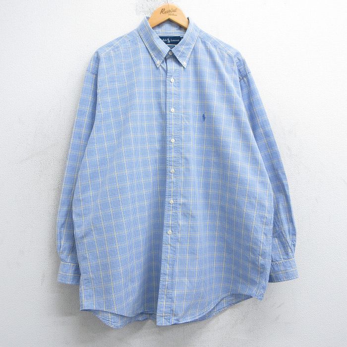 XL★古着 ラルフローレン Ralph Lauren 長袖 ブランド シャツ メンズ 90年代 90s ワンポイントロゴ YARMOUTH 大きいサイズ ロング丈 コットン ボタンダウン 薄紺他 ネイビー チェック 【spe】 25apr18 中古 トップス