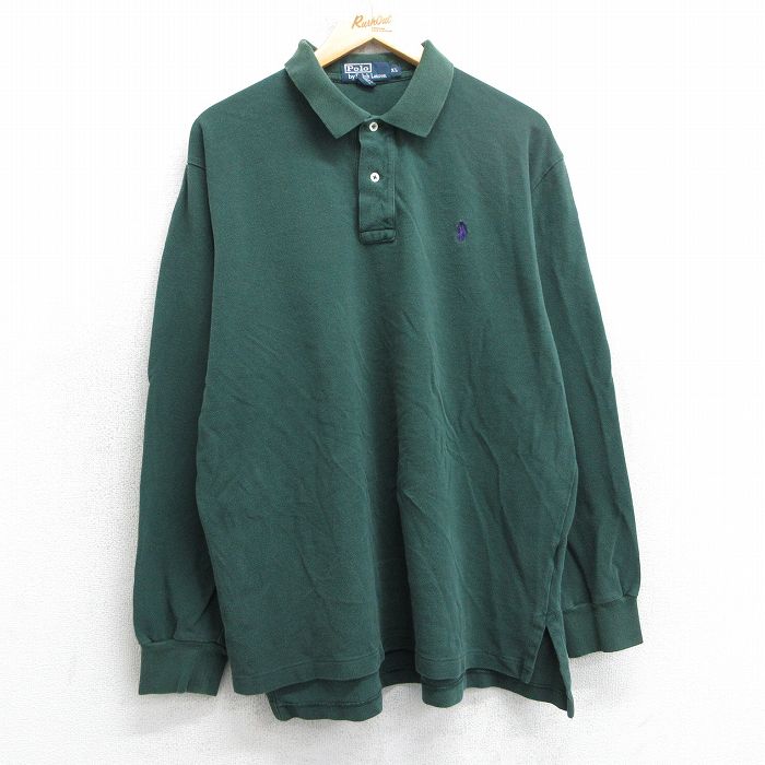 XL★古着 ラルフローレン Ralph Lauren 長袖 ブランド ポロ シャツ メンズ 90年代 90s ワンポイントロゴ 鹿の子 コットン 緑 グリーン 25apr18 中古 トップス