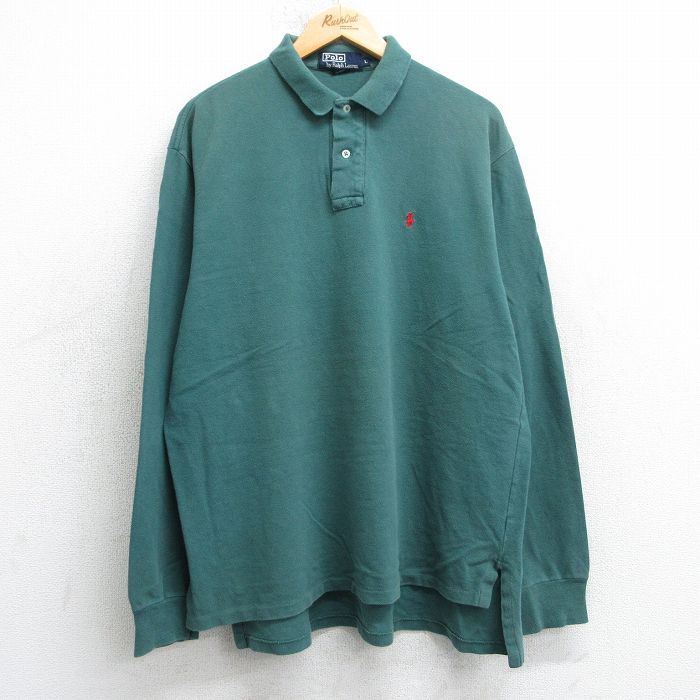L★古着 ラルフローレン Ralph Lauren 長袖 ブランド ポロ シャツ メンズ 90年代 90s ワンポイントロゴ 鹿の子 コットン USA製 緑 グリーン 【spe】 25apr18 中古 トップス