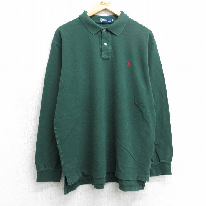L★古着 ラルフローレン Ralph Lauren 長袖 ブランド ポロ シャツ メンズ 90年代 90s ワンポイントロゴ 鹿の子 コットン 緑 グリーン 25apr18 中古 トップス