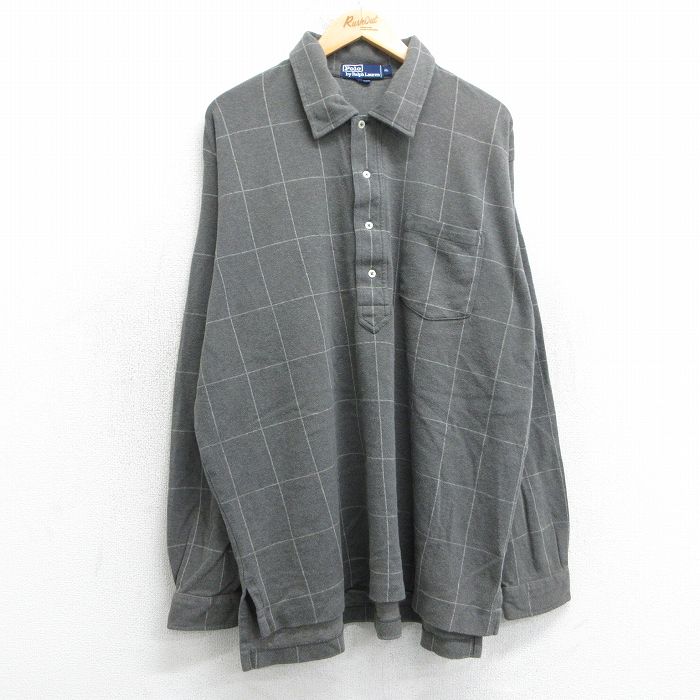 XL★古着 ラルフローレン Ralph Lauren 長袖 ブランド ポロ シャツ メンズ 90年代 90s 大きいサイズ コットン 濃グレー他 チェック 【spe】 25apr18 中古 トップス