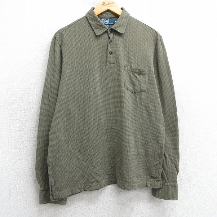 M★古着 ラルフローレン Ralph Lauren 長袖 ブランド ポロ シャツ メンズ 90年代 90s 千鳥格子 コットン 濃緑他 グリーン 25apr18 中古 トップス