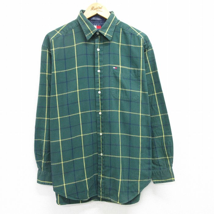 XL★古着 トミーヒルフィガー TOMMY HILFIGER 長袖 ブランド シャツ メンズ 90年代 90s ワンポイントロゴ コットン 緑他 グリーン チェック 25apr26 中古 トップス