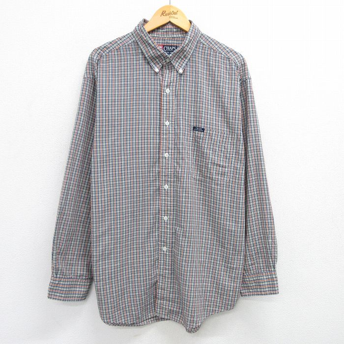 XL★古着 ラルフローレン Ralph Lauren チャップス 長袖 ブランド シャツ メンズ 90年代 90s 大きいサイズ ロング丈 コットン 紺他 ネイビー チェック 25apr26 中古 トップス