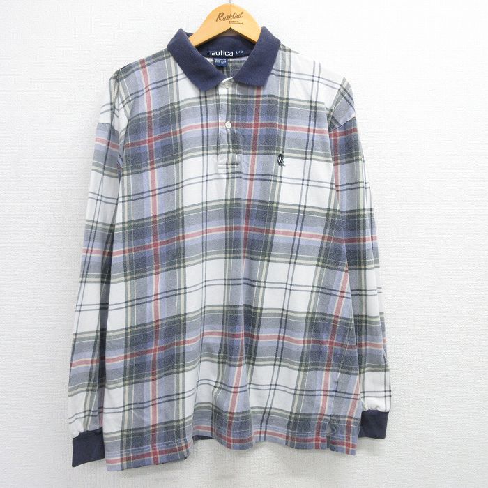 ノーティカ 90s 長袖ポロシャツ ワンポイントロゴ ホワイトチェック XL | 古着