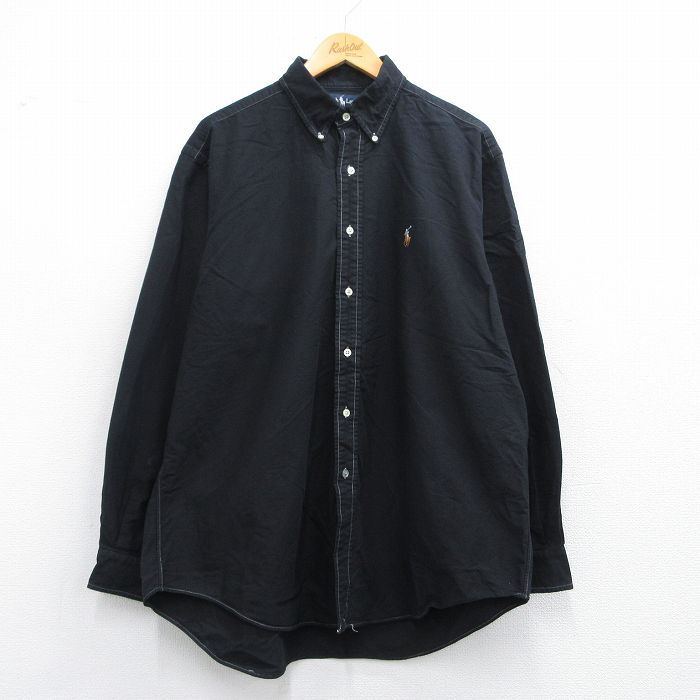 【50%OFF】XL★古着 ラルフローレン Ralph Lauren 長袖 ブランド シャツ メンズ 90年代 90s ワンポイントロゴ YARMOUTH オックスフォード 大きいサイズ コットン ボタンダウン 黒 ブラック 25may10 中古 トップス