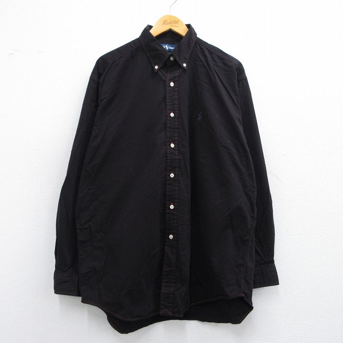 【20%OFF】XL★古着 ラルフローレン Ralph Lauren 長袖 ブランド シャツ メンズ 90年代 90s ワンポイントロゴ BLAKE 大きいサイズ ロング丈 コットン ボタンダウン 黒系 ブラック 25may10 中古 トップス