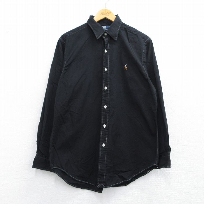 L★古着 ラルフローレン Ralph Lauren 長袖 ブランド シャツ メンズ 90年代 90s ワンポイントロゴ LOWELL オックスフォード コットン 黒 ブラック ストライプ 25may10 中古 トップス
