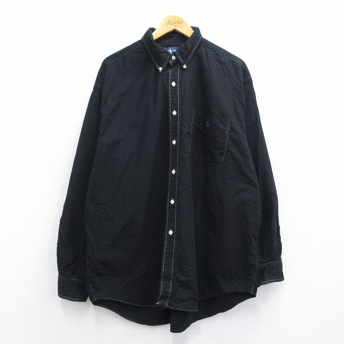 XL★古着 ラルフローレン Ralph Lauren 長袖 ブランド シャツ メンズ 90年代 90s ワンポイントロゴ BIG SHIRTS 大きいサイズ コットン ボタンダウン 黒 ブラック 【spe】 25may10 中古 トップス