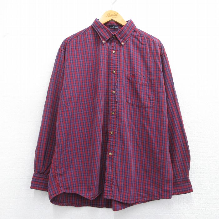 XL★古着 ドッカーズ 長袖 ブランド シャツ メンズ ワンポイントロゴ 大きいサイズ コットン ボタンダウン 赤他 レッド チェック 25may10 中古 トップス
