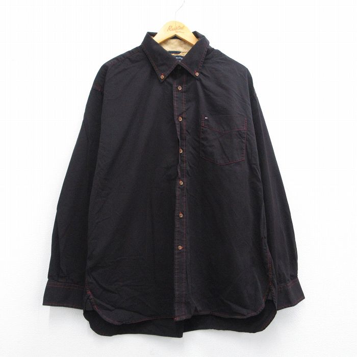 【50%OFF】XL★古着 トミーヒルフィガー TOMMY HILFIGER 長袖 ブランド シャツ メンズ ワンポイントロゴ 大きいサイズ ボタンダウン 黒系 ブラック 25may10 中古 トップス