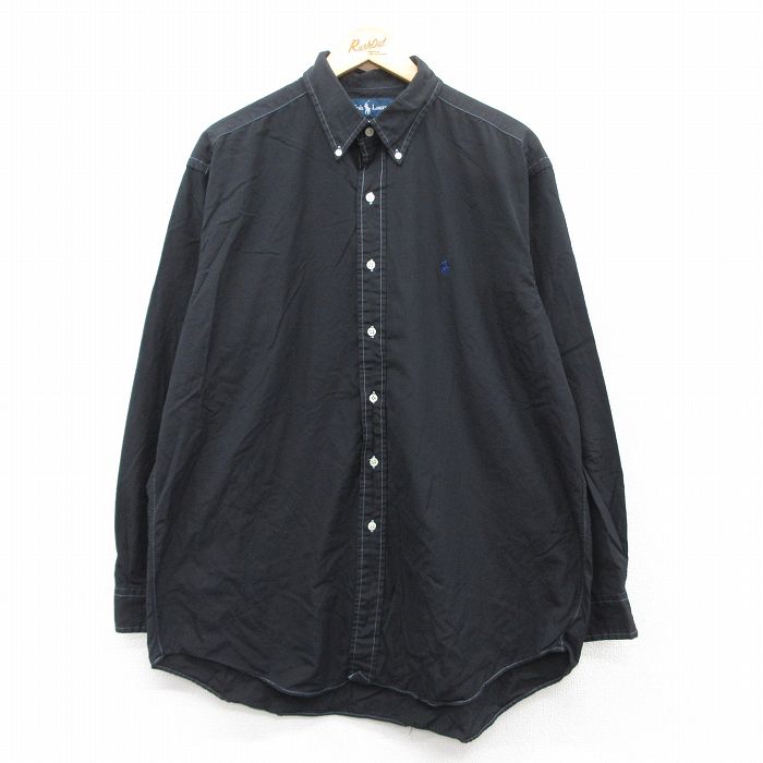 【50%OFF】XL★古着 ラルフローレン Ralph Lauren 長袖 ブランド シャツ メンズ 90年代 90s ワンポイントロゴ BLAKE 大きいサイズ コットン ボタンダウン 黒 ブラック 25may12 中古 トップス