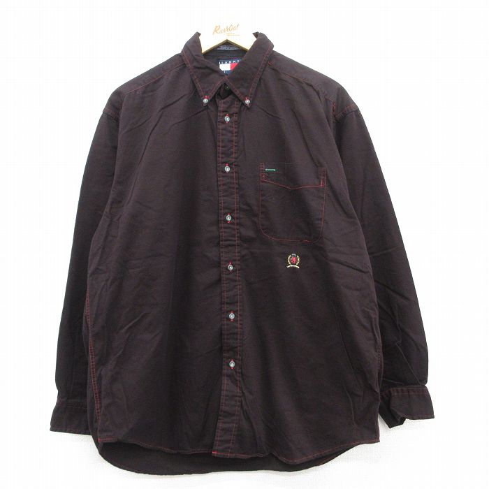 XL★古着 トミーヒルフィガー TOMMY HILFIGER 長袖 ブランド シャツ メンズ 90年代 90s ワンポイントロゴ コットン ボタンダウン 黒系 ブラック 25may12 中古 トップス