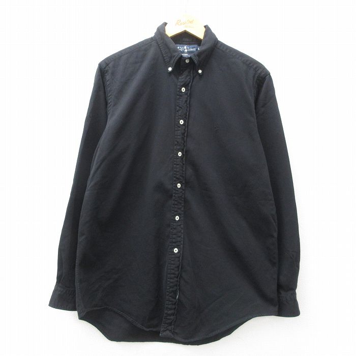 XL★古着 ラルフローレン Ralph Lauren 長袖 ブランド シャツ メンズ 90年代 90s ワンポイントロゴ 大きいサイズ コットン ボタンダウン USA製 黒 ブラック 25may12 中古 トップス