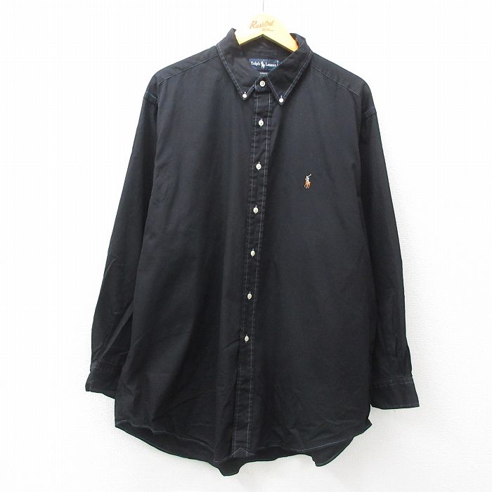 【50%OFF】XL★古着 ラルフローレン Ralph Lauren 長袖 ブランド シャツ メンズ 90年代 90s YARMOUTH オックスフォード 大きいサイズ コットン ボタンダウン 黒 ブラック 25may12 中古 トップス