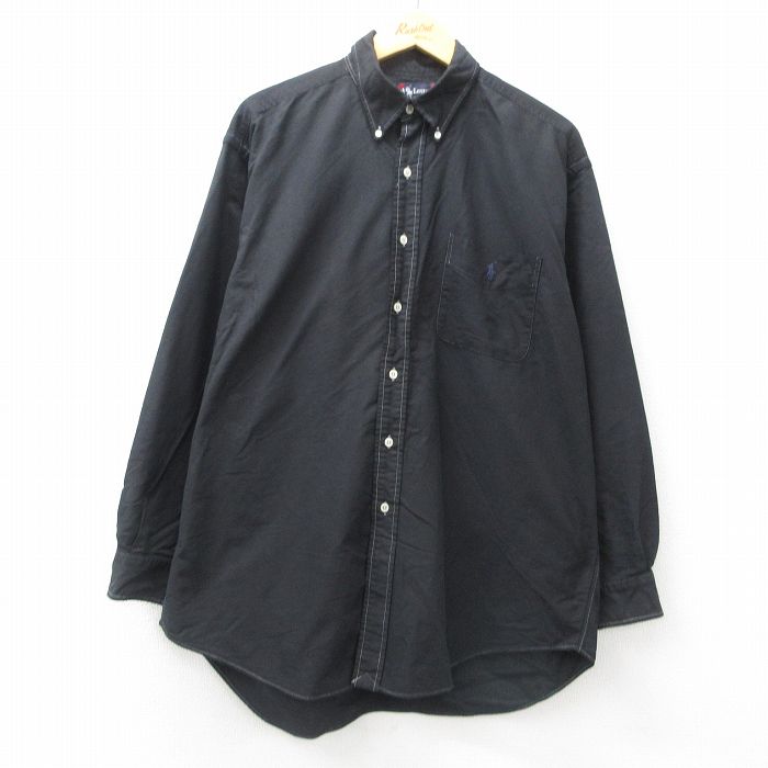 【50%OFF】XL★古着 ラルフローレン Ralph Lauren 長袖 ブランド シャツ メンズ 90年代 90s ワンポイントロゴ BIG SHIRT オックスフォード 大きいサイズ ロング丈 コットン ボタンダウン 黒 ブラック 【spe】 25may12 中古 トップス