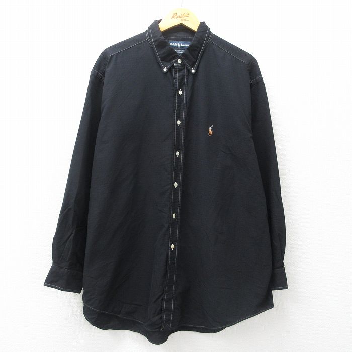 【50%OFF】XL★古着 ラルフローレン Ralph Lauren 長袖 ブランド シャツ メンズ 90年代 90s ワンポイントロゴ YARMOUTH オックスフォード 大きいサイズ ロング丈 コットン ボタンダウン 黒 ブラック 25may12 中古 トップス