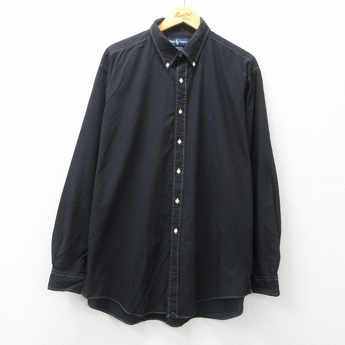 XL★古着 ラルフローレン Ralph Lauren 長袖 ブランド シャツ メンズ 90年代 90s ワンポイントロゴ YARMOUTH 大きいサイズ ロング丈 コットン ボタンダウン 黒 ブラック 25may12 中古 トップス