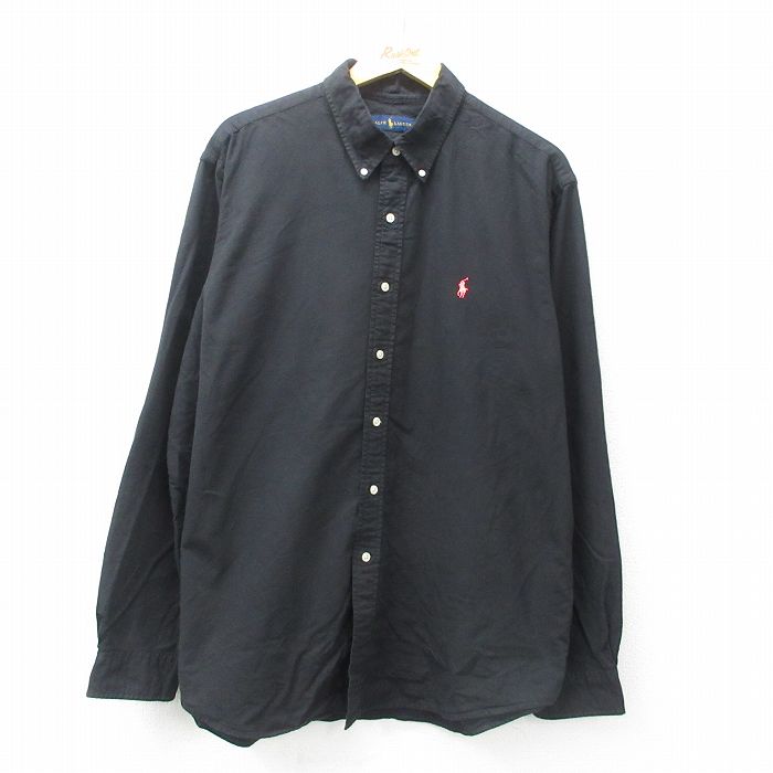 XL★古着 ラルフローレン Ralph Lauren 長袖 ブランド シャツ メンズ ワンポイントロゴ 大きいサイズ コットン ボタンダウン 黒 ブラック 25may12 中古 トップス
