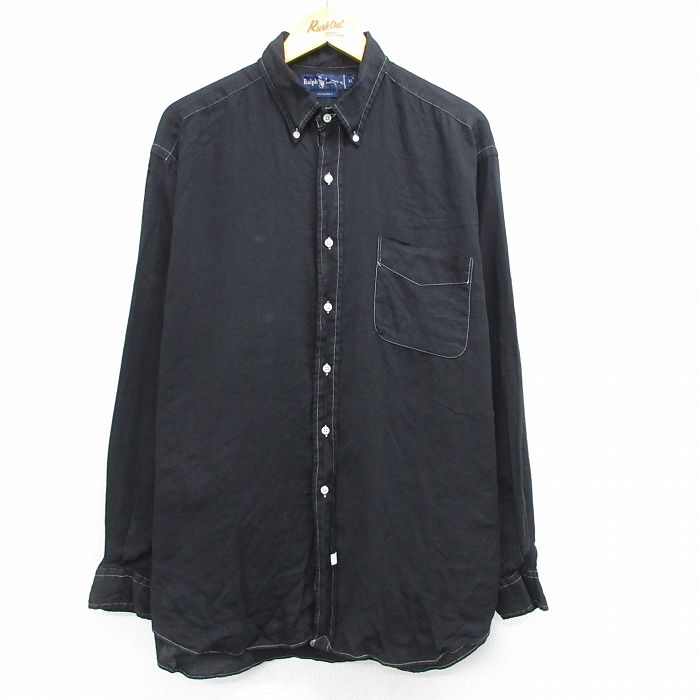 【50%OFF】XL★古着 長袖 ブランド シャツ メンズ 90年代 90s 大きいサイズ ロング丈 リネン ボタンダウン 黒 ブラック 25may14 中古 トップス